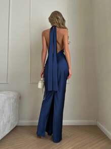 WOWDARK Women's Autumn Solid Color Satin Halter Neck Backless Dress