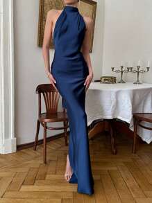 WOWDARK Women's Autumn Solid Color Satin Halter Neck Backless Dress