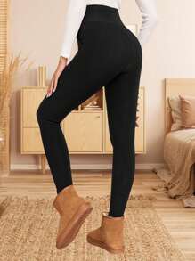 女式保暖内衬口袋高腰休闲紧身裤，保暖防风，黑色 - 黑色 - 查看 3