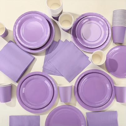 10 pezzi Set di accessori monouso per feste con piatti, bicchieri, tovaglioli di carta di colore lavanda viola, per matrimoni, compleanni, addii al nubilato, decorazioni da tavolo