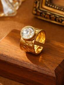 1/7 chiếc nhẫn trang trí bằng thép không gỉ màu vàng thời trang phong cách retro tròn trong suốt lớn có thể điều chỉnh được dành cho nữ phù hợp để đeo hàng ngày hoặc làm quà tặng - Vàng - Xem 3