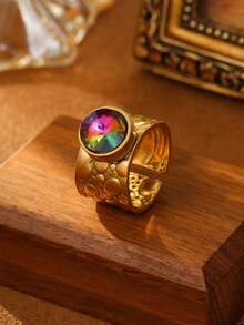 1/7 chiếc nhẫn trang trí bằng thép không gỉ màu vàng thời trang phong cách retro tròn trong suốt lớn có thể điều chỉnh được dành cho nữ phù hợp để đeo hàng ngày hoặc làm quà tặng - Vàng - Xem 5