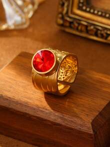 1/7 chiếc nhẫn trang trí bằng thép không gỉ màu vàng thời trang phong cách retro tròn trong suốt lớn có thể điều chỉnh được dành cho nữ phù hợp để đeo hàng ngày hoặc làm quà tặng - Vàng - Xem 4