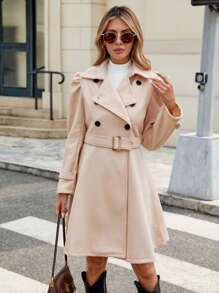 Cappotto lungo casual da donna a doppio petto con maniche lunghe, versatile per l'autunno/inverno - Beige - Visualizzare 4