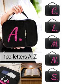 1 件圣经袋，首字母印刷 A-Z，圣经封面，圣经架，便携整理袋，带拉链和口袋，适用于标准尺寸圣经袋，用于圣经学习，圣经封面，花卉圣经盒，带手柄圣经袋，非常适合成人女性男性圣经学习（黑色）（拉链位置随机） - 黑色 - 查看 1
