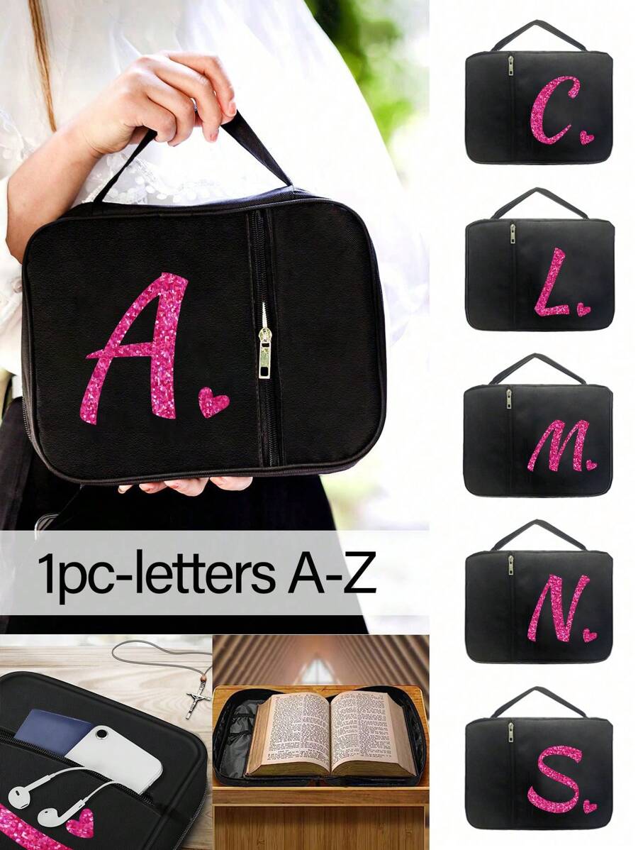 1 件圣经袋，首字母印刷 A-Z，圣经封面，圣经架，便携整理袋，带拉链和口袋，适用于标准尺寸圣经袋，用于圣经学习，圣经封面，花卉圣经盒，带手柄圣经袋，非常适合成人女性男性圣经学习（黑色）（拉链位置随机） - 黑色 - 查看 1