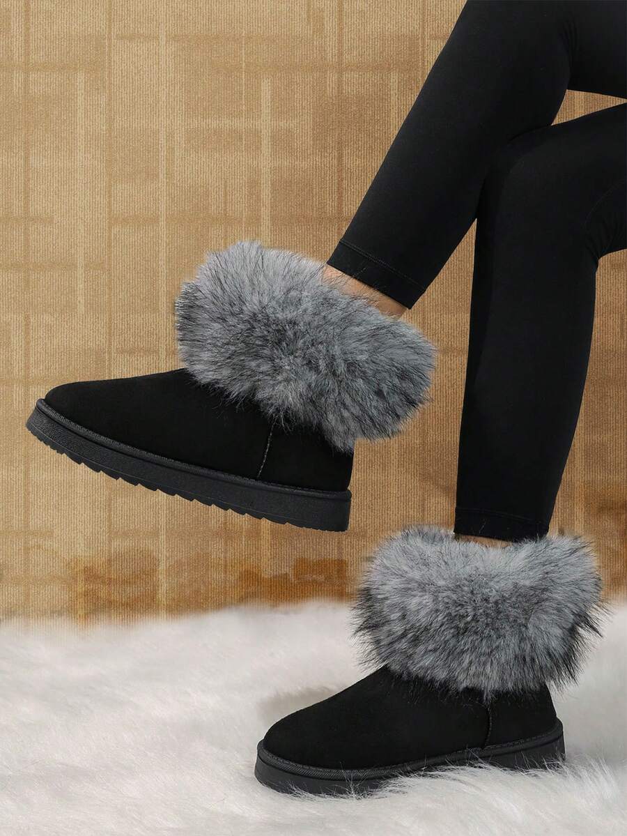 新款女士时尚休闲保暖防滑户外毛边雪地靴，冬季百搭黑色鞋 - 黑色 - 查看 1