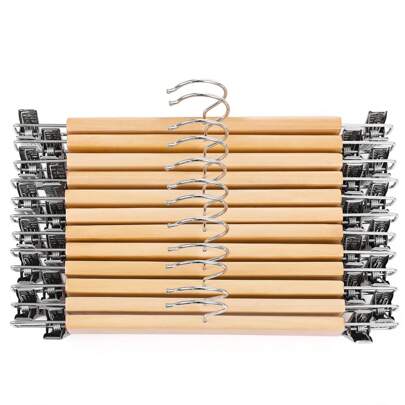  SONGMICS Juego de 12 Perchas de Madera para Pantalones, Perchas para Pantalones con Clips de Metal Ajustables , Gancho Giratorio 360°, para Pantalones, Faldas, 34 x 1,2 x 12,5 cm, Natural