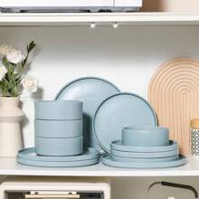 vancasso Service de table en grès 12 pièces, assiettes à dîner, assiettes à dessert et assiettes creuses pour 4 personnes, ensemble bleu