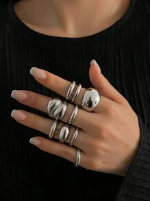 6/9 件复古简约几何金属开口空心戒指套装，可调节金银厚珠宝套装，女士魅力配饰礼物，日常穿着和休闲节日装饰 - 銀色 - 查看 13