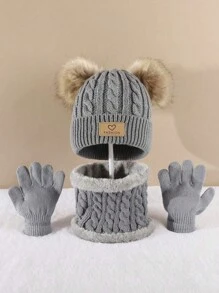 3pcs/Set Children's Warm 3 Pieces Set, & Fashionable Cold-Proof Heart Pattern Knit Hat For Autumn/Winter - Solid Color Love Two Piece Set - View 15