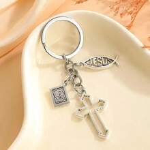Fashionable Zinc Alloy Cross And Jesus Fish Keychain - Men's Bible Inspired Accessory