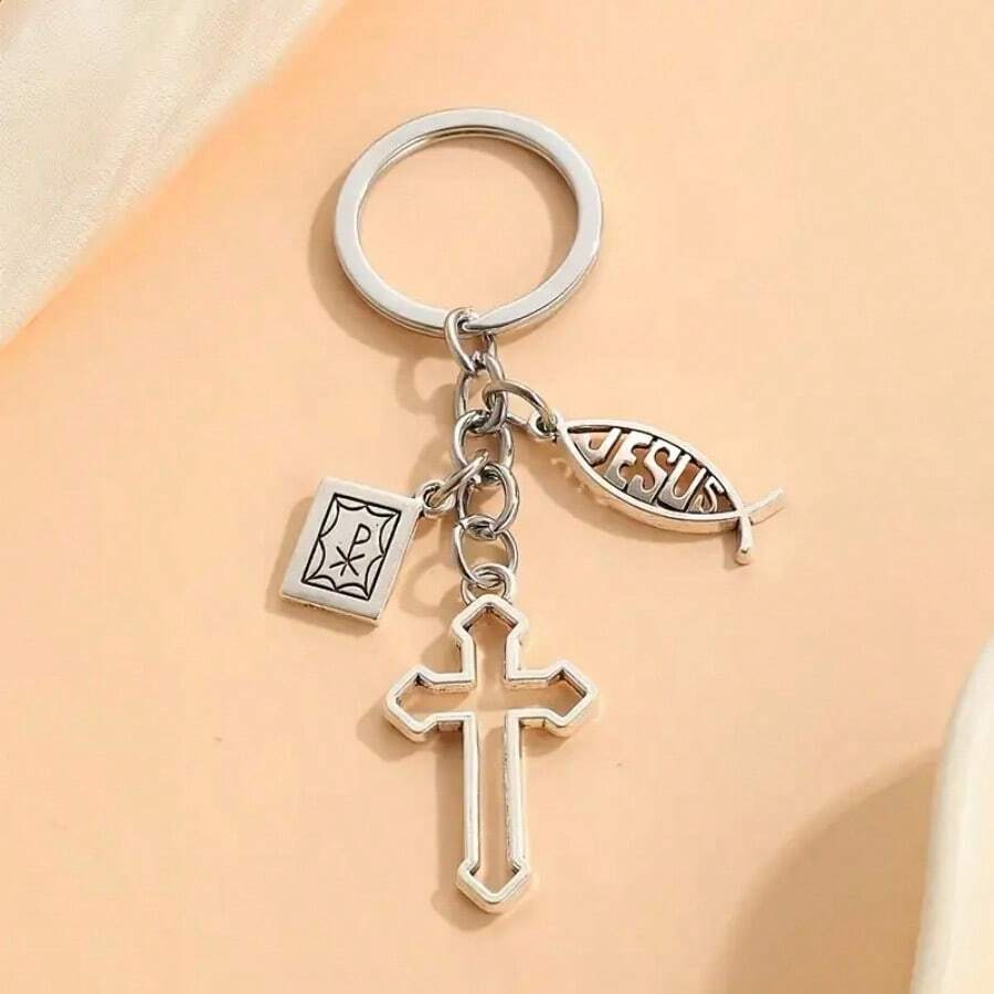 Fashionable Zinc Alloy Cross And Jesus Fish Keychain - Men's Bible Inspired Accessory