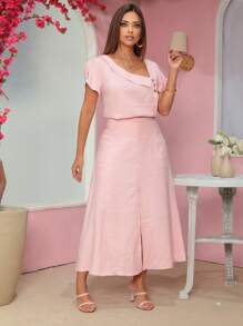 Skirt And Blouse Set In Twill Viscose Short Sleeve Blouse With Boat Neckline Midi Skirt With Flared Model With Pockets And Front Slit - 淺粉色 - 查看 6