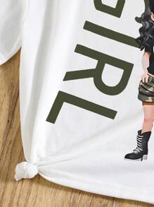 Young Girl Casual Letter Pattern Short Sleeve T-Shirt And Cargo Pants, Summer - Army Green - View 4