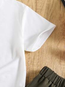 Young Girl Casual Letter Pattern Short Sleeve T-Shirt And Cargo Pants, Summer - Army Green - View 8