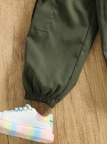 Young Girl Casual Letter Pattern Short Sleeve T-Shirt And Cargo Pants, Summer - Army Green - View 5