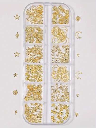 Set de 12 cuadrículas de decoraciones de arte de uñas con estrellas y lunas 3D brillantes - 1 caja de joyería de uñas de aleación, adecuado para mujeres y niñas, decoración de uñas punk con remaches de triángulo asimétrico - sin fragancia, para decoración de uñas de dedos y pies, suministros de arte de uñas, gemas de uñas, dijes de uñas