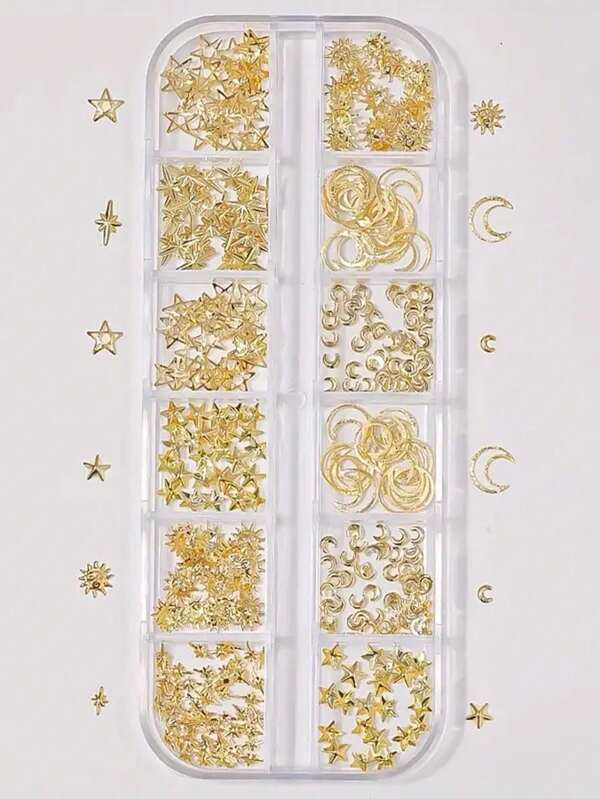 12-Grids 3D Sparkling Star & Moon Nail Charms Set - 1 Boxes Alloy Nail Art Decorations For Women And Girls, Triangle Asymmetrical Rivet Punk Nail Art Jewels - Scent Free For Fingernails & Toenails Decor Nail Supplies Nails Nail Gems