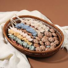 1pc Baby Infant Crinkly Fabric Stylish Print Pacifier Clip And Wooden 3-Slot Pacifier Holder, For Daily Use - Multicolor - View 6