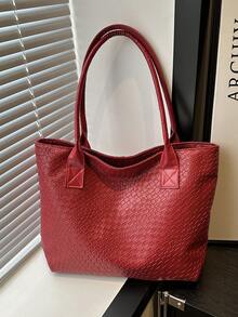 Large Capacity PU Burgundy Shoulder Handbag, Woven Tote Bag, Fashion European&American Style Commuting Bag For Women, Back To School Large Bag - Burgundy - View 9