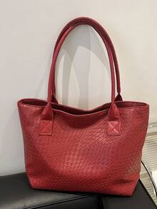 Large Capacity PU Burgundy Shoulder Handbag, Woven Tote Bag, Fashion European&American Style Commuting Bag For Women, Back To School Large Bag - Burgundy - View 3