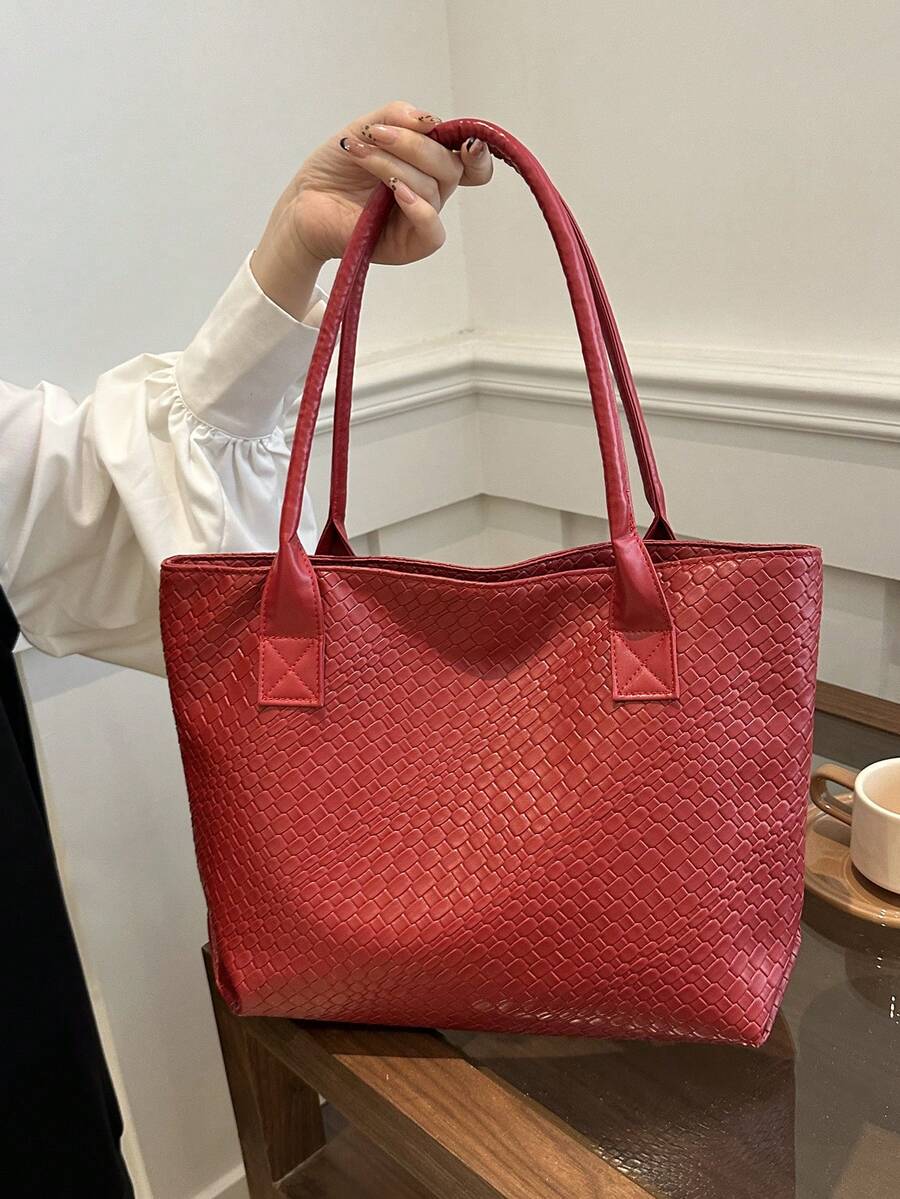 Large Capacity PU Burgundy Shoulder Handbag, Woven Tote Bag, Fashion European&American Style Commuting Bag For Women, Back To School Large Bag