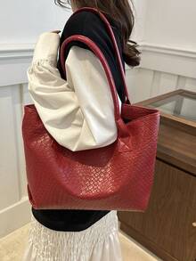 Large Capacity PU Burgundy Shoulder Handbag, Woven Tote Bag, Fashion European&American Style Commuting Bag For Women, Back To School Large Bag - Burgundy - View 5