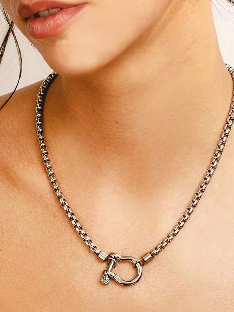GARMEND Dây chuyền mặt dây chuyền hộp thép không gỉ mạ vàng 18K choker hai màu khóa to bản dành cho nữ trang sức - Bạc - Xem 1