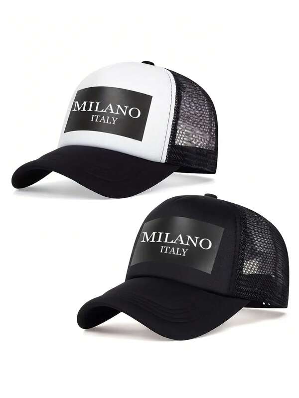 Stylish Hippie Curved Brim Baseball Cap, Letter & Milan Print Breathable Mesh Trucker Hat, Casual Outdoor Sports Adjustable Sun Hat, Unisex For Everyday Commute