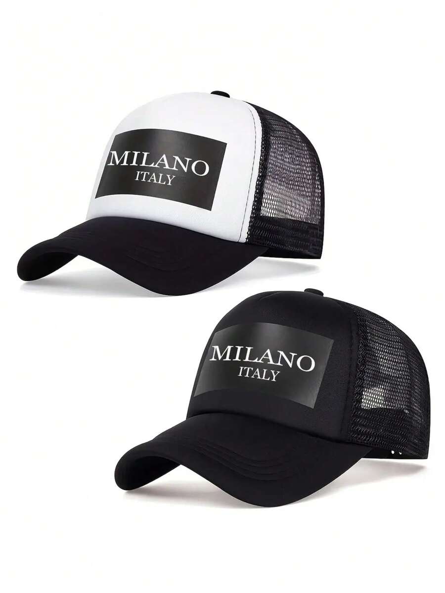 时尚嬉皮弧形帽檐棒球帽，字母与米兰印花透气网眼卡车司机帽，休闲户外运动可调节太阳帽，男女通用，适合日常通勤 - 彩色 - 查看 1