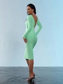 Gaun Midi Seksi Lengan Panjang dengan Resleting Belakang untuk Wanita, Cocok untuk Liburan dan Pesta - Mint Green - View 8