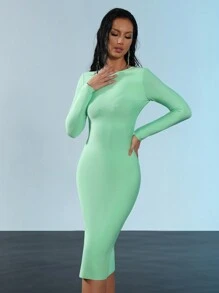 Gaun Midi Seksi Lengan Panjang dengan Resleting Belakang untuk Wanita, Cocok untuk Liburan dan Pesta - Mint Green - View 2
