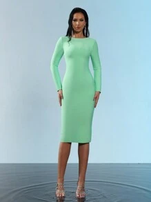 Gaun Midi Seksi Lengan Panjang dengan Resleting Belakang untuk Wanita, Cocok untuk Liburan dan Pesta - Mint Green - View 3
