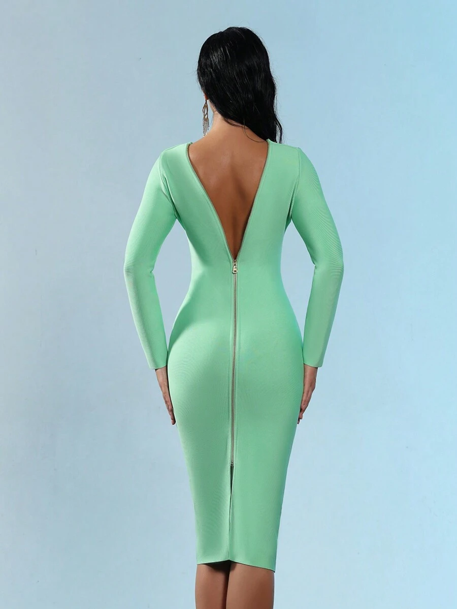 Gaun Midi Seksi Lengan Panjang dengan Resleting Belakang untuk Wanita, Cocok untuk Liburan dan Pesta - Mint Green - View 1