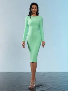 Gaun Midi Seksi Lengan Panjang dengan Resleting Belakang untuk Wanita, Cocok untuk Liburan dan Pesta - Mint Green - View 6