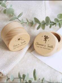 1 Pc Customized Tooth Fairy Box Teeth Memorial Round Wooden Box, Personalized Name 3D Carved Gift For Boys And Girls - Brown - View 5
