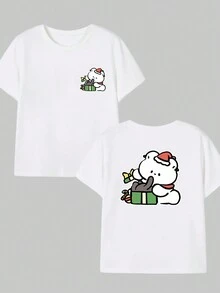 Teddy Bear Opening Christmas Present Printed T-Shirt Premium Casual Men's Fashion Blouse - 白色的 - 查看 1