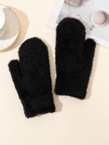 1 双女孩黑白蓬松加厚手套，水貂毛绒，适合户外滑雪，秋冬季 - 彩色 - 查看 5