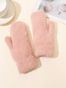 1 双女孩黑白蓬松加厚手套，水貂毛绒，适合户外滑雪，秋冬季 - 彩色 - 查看 4