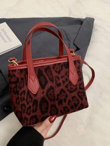 轻巧，商务休闲，新款时尚手提包，复古拼布豹纹单肩包，拼色大容量手提包，适合少女、大学生、初学者和白领人士，非常适合办公室、大学、工作、商务、通勤、户外、旅游、休闲和时尚商务休闲包适合女性 - 酒紅色 - 查看 2