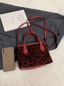 轻巧，商务休闲，新款时尚手提包，复古拼布豹纹单肩包，拼色大容量手提包，适合少女、大学生、初学者和白领人士，非常适合办公室、大学、工作、商务、通勤、户外、旅游、休闲和时尚商务休闲包适合女性 - 酒紅色 - 查看 3