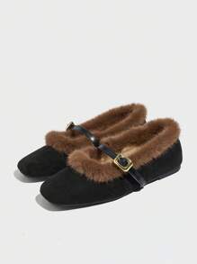 Mocassins femininos de camurça macia com forro de pele, mocassins planos com forro térmico quente, sapatos casuais para ambientes internos com pele de coelho espessada