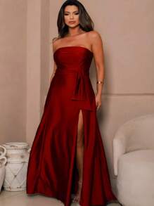 Bridesmaid Dress For Graduation Guests Strapless Satin With Slit For Day Or Night Wedding - 紅木色 - 查看 1
