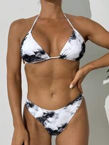 3 件套女士扎染印花罩衫，可系带泳装，比基尼，网状性感罩衫，精致风格