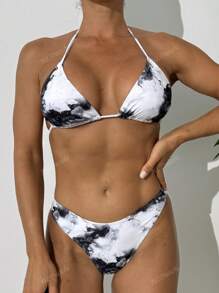 3pcs Women's Tie-Dye Print Cover-Up, Retie-Able Swimwear, Bikini, Netted Sexy Cover-Up, Refined Style