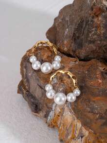 Uworld 1 对甜美复古女士 U 形珍珠耳环日常百搭不锈钢耳环 - 珍珠 - 查看 4