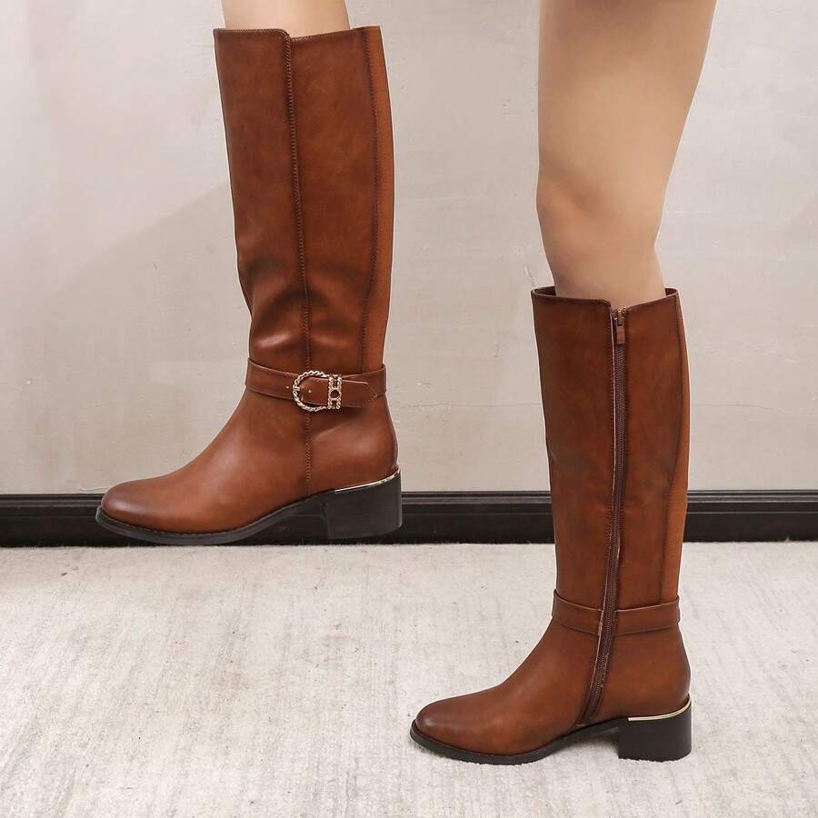 Mid-Calf Knight Boots With Belt Buckle, Versatile For Autumn/Winter - Camel - View 1