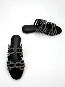 Dép lê nữ thanh lịch, đính đá toàn bộ, kiểu dáng khoét rỗng, mũi tròn, chất liệu da lộn, thoải mái khi mang hàng ngày và dự tiệc, lễ tình nhân, phù hợp với trang phục mùa hè. - màu đen - Xem 4