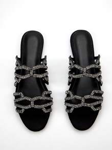 Dép lê nữ thanh lịch, đính đá toàn bộ, kiểu dáng khoét rỗng, mũi tròn, chất liệu da lộn, thoải mái khi mang hàng ngày và dự tiệc, lễ tình nhân, phù hợp với trang phục mùa hè. - màu đen - Xem 1